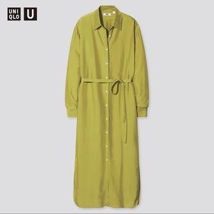 Uniqlo olive green long-sleeve button-front shirt dress